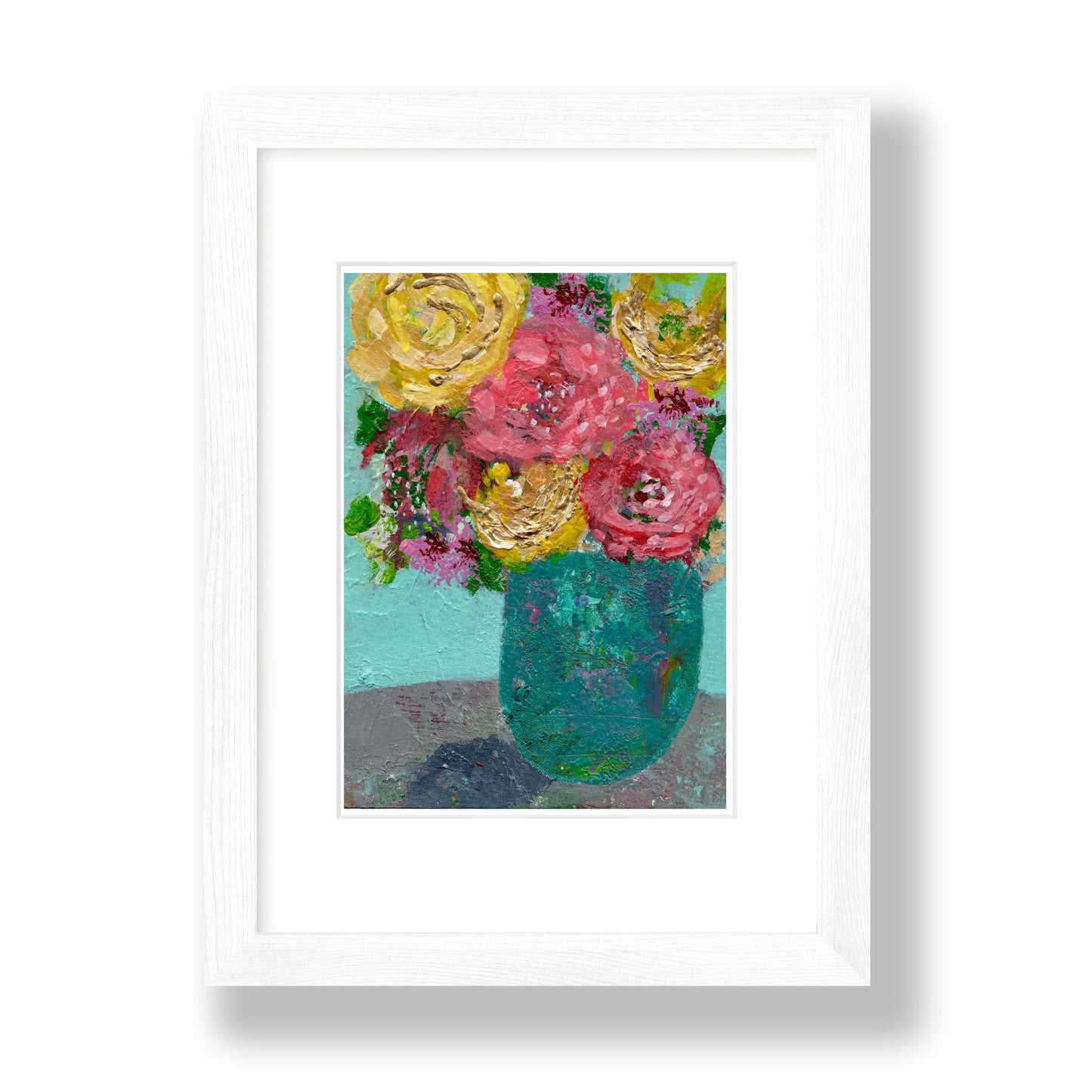 Floral Abstracts Original Artwork On Paper {Red Dots Turquoise Vase}