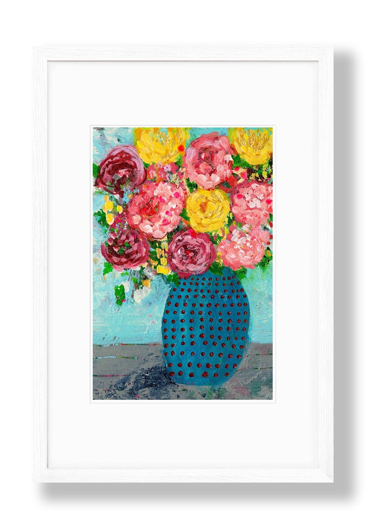 Floral Abstracts Original Artwork On Paper { Turquoise with Red Dots Vase}