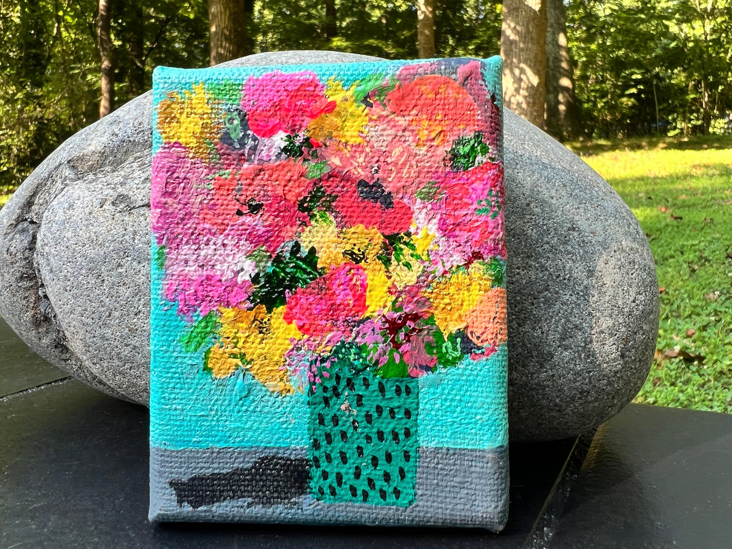 cat redmond art floral abstracts | turquoise dotted vase floral artwork | original hand-painted botanical composition | modern turquoise floral wall art | exclusive abstract flower study dotted vase