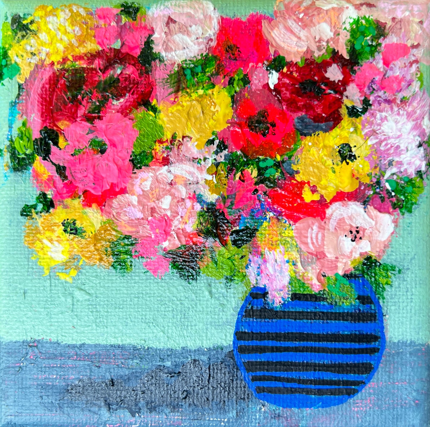 cat redmond art floral abstracts | blue and black striped vase floral painting | original contemporary floral paper artwork | modern botanical abstract in blue | exclusive hand-painted flower study with stripes