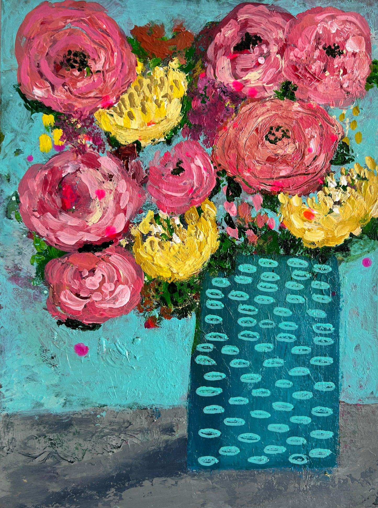 Floral Abstracts Original Artwork On Paper{Turquoise with Light Blue Ovals Vase}