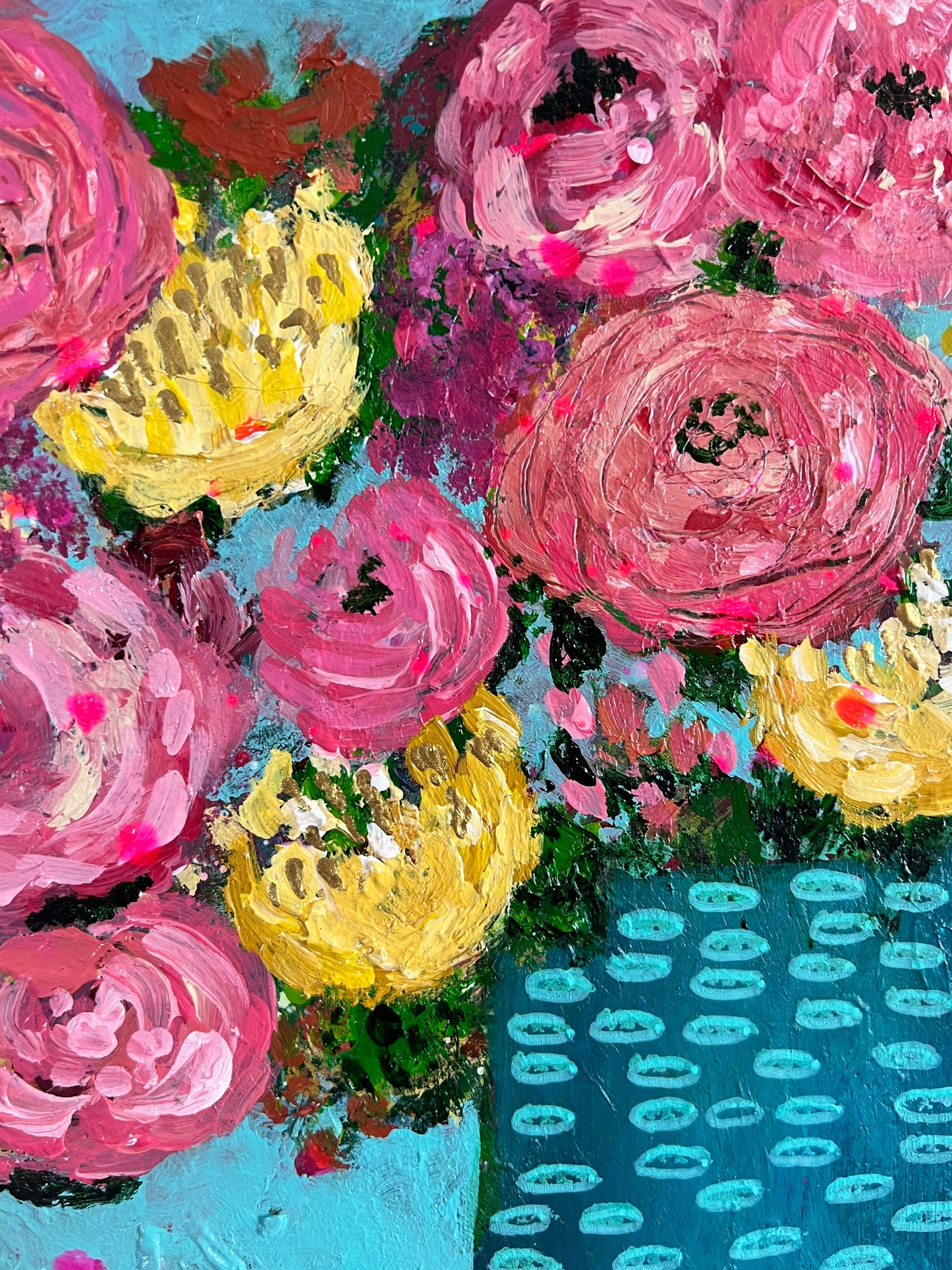 Floral Abstracts Original Artwork On Paper{Turquoise with Light Blue Ovals Vase}