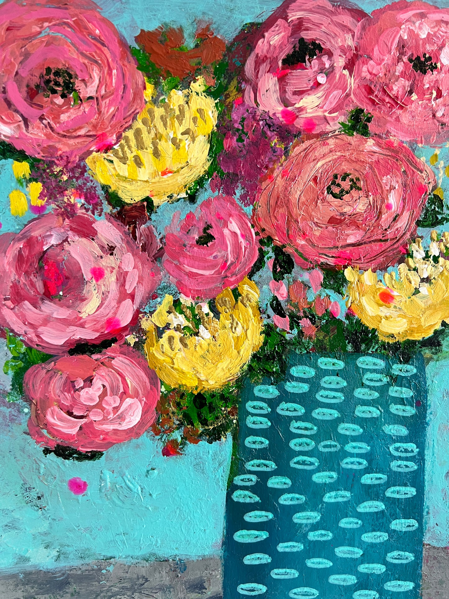 Floral Abstracts Original Artwork On Paper{Turquoise with Light Blue Ovals Vase}