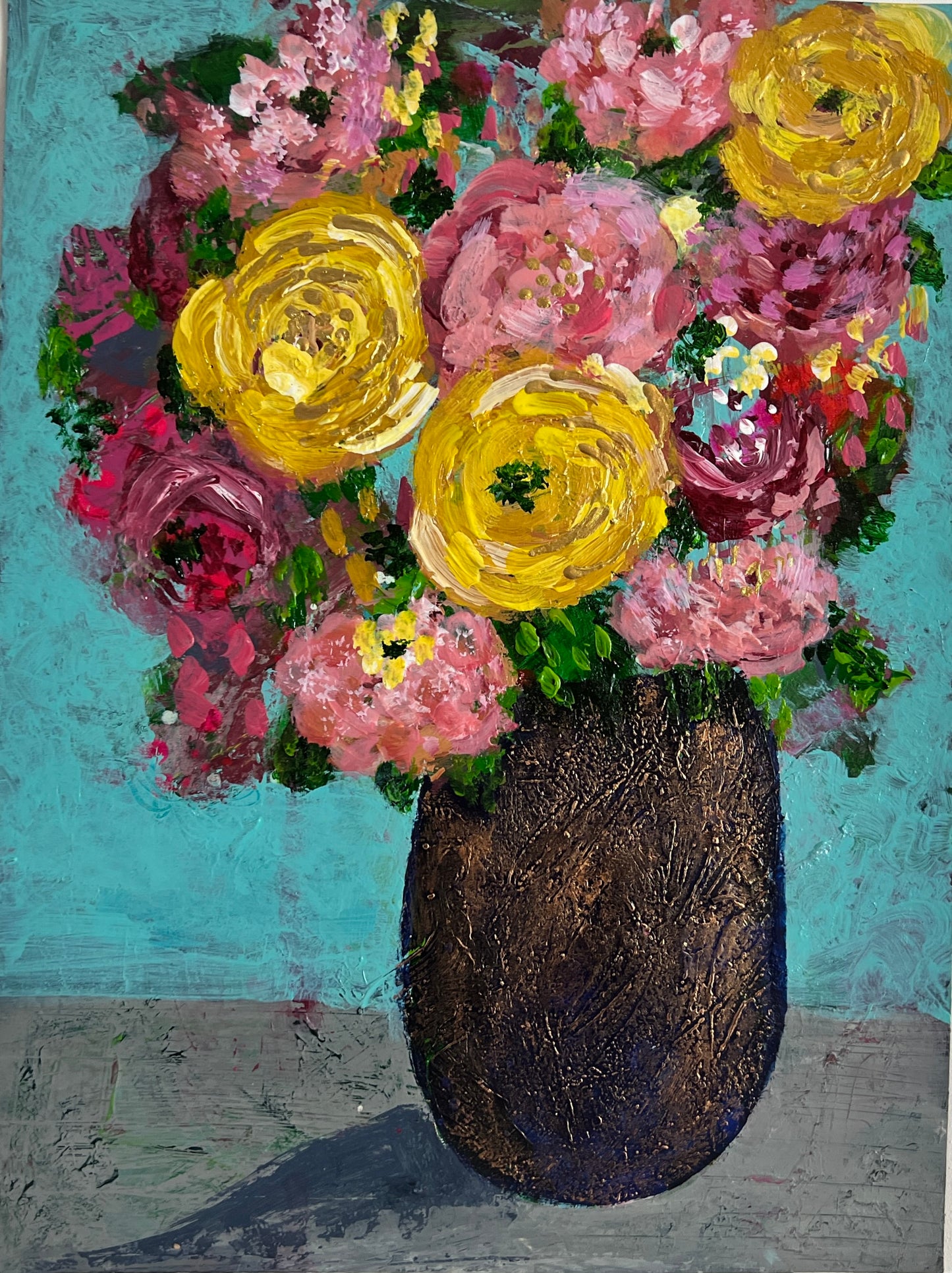 Floral abstracts original artwork on Paper { Navy Blue and Copper Vase}