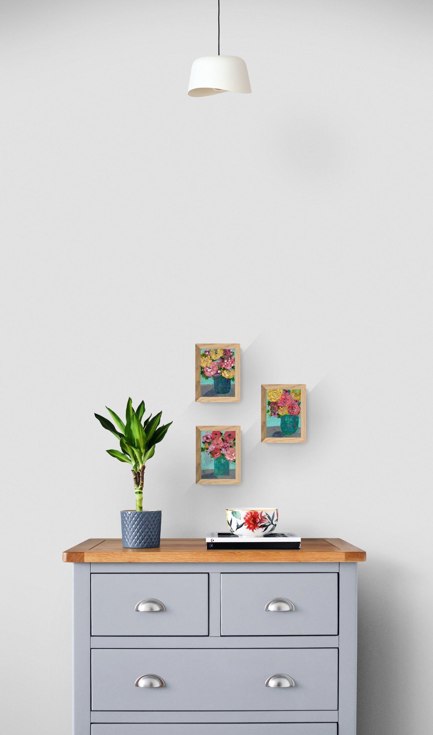 Floral Abstracts Original Artwork On Paper {Red Dots Turquoise Vase}