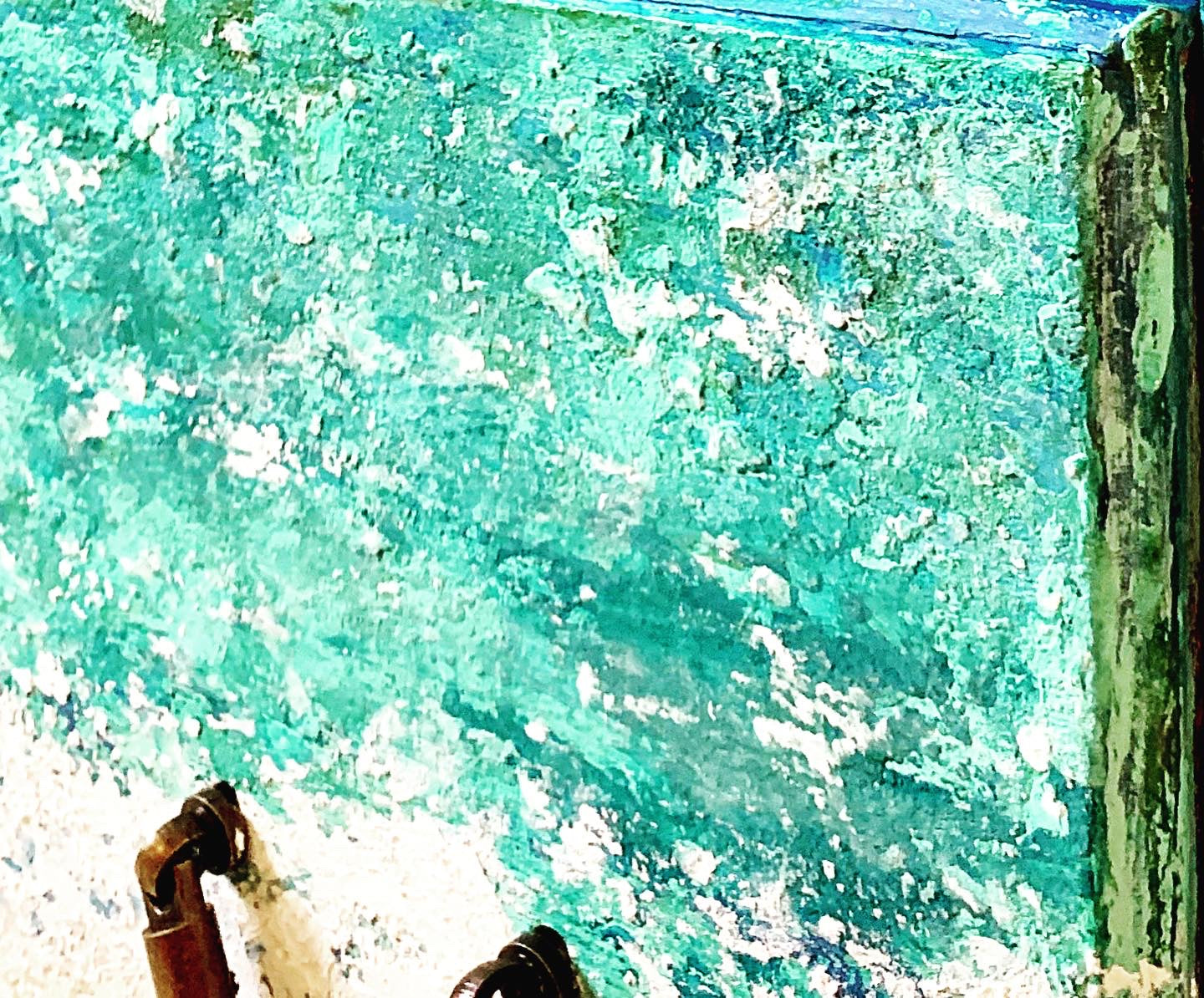 cat redmond art – coastal ocean vanity/desk | original beach-inspired painted furniture | modern coastal aesthetic desk | hand-painted ocean-themed statement piece