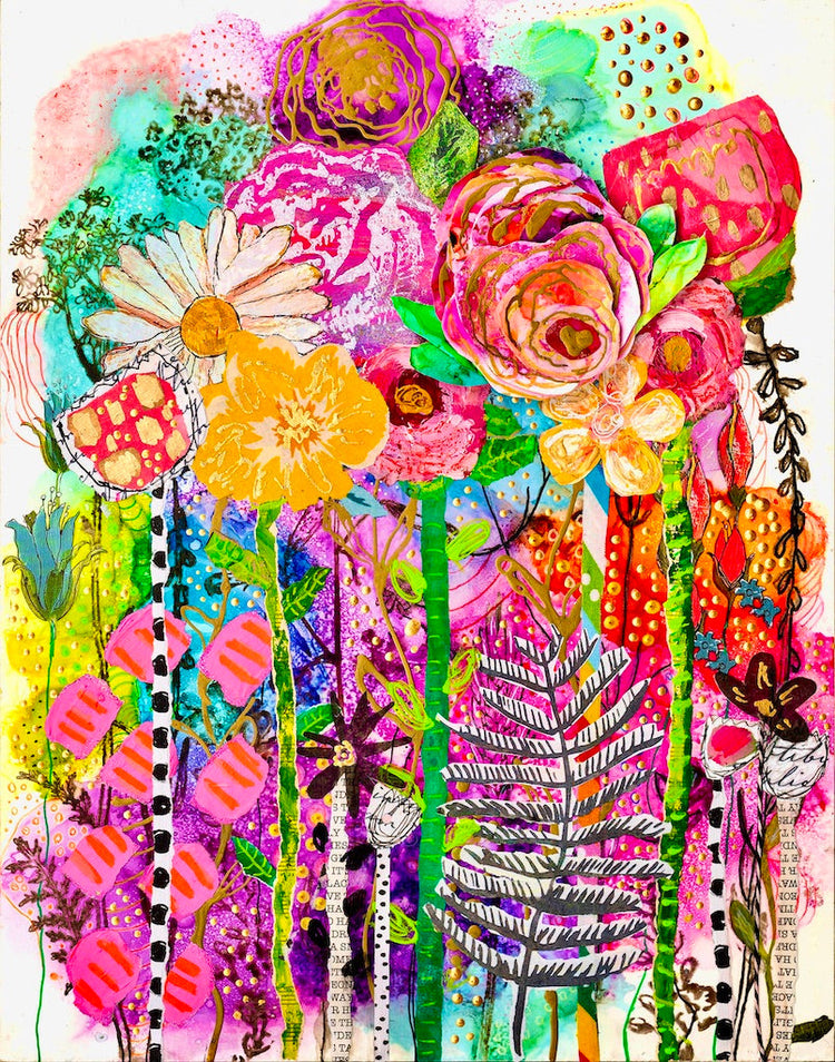 A bright colorful floral mixed media collage. Wonderland Forest Collection Cat Redmond Art 