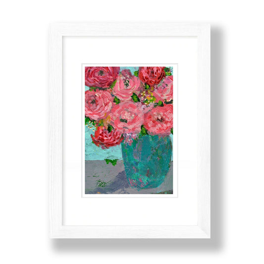 Floral Abstracts Original Artwork On Paper {Red Blooms in Turquoise Vase}