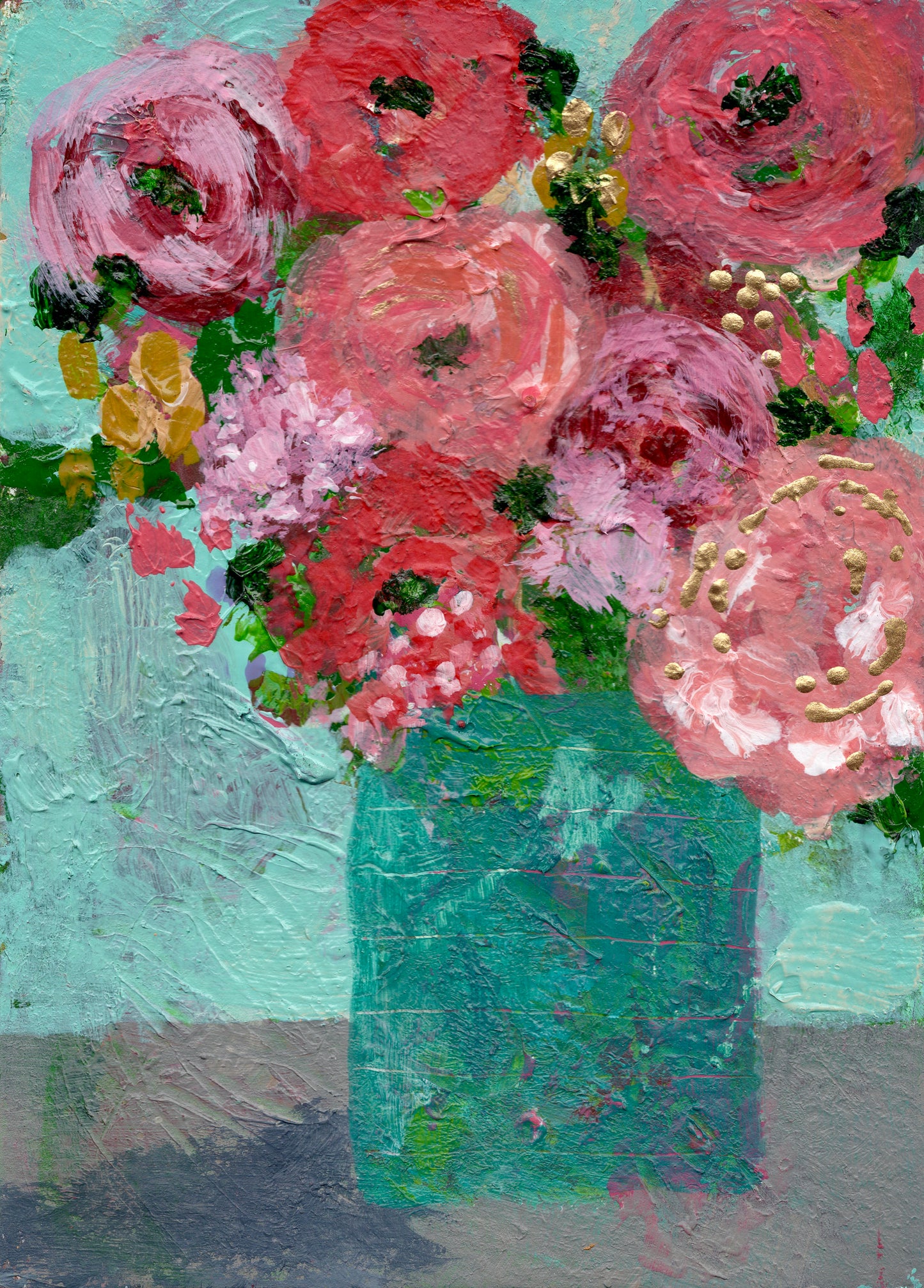 Original Abstract Florals on Paper Textured Turquoise Vase
