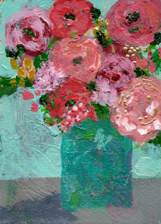 Floral Abstracts Original Artwork On Paper {Textured Turquoise Vase}