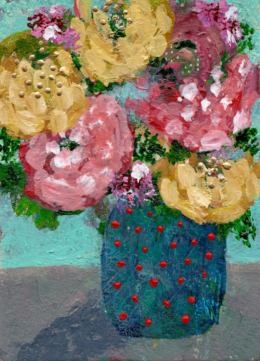 Floral Abstracts Original Artwork On Paper {Red Dots Turquoise Vase}