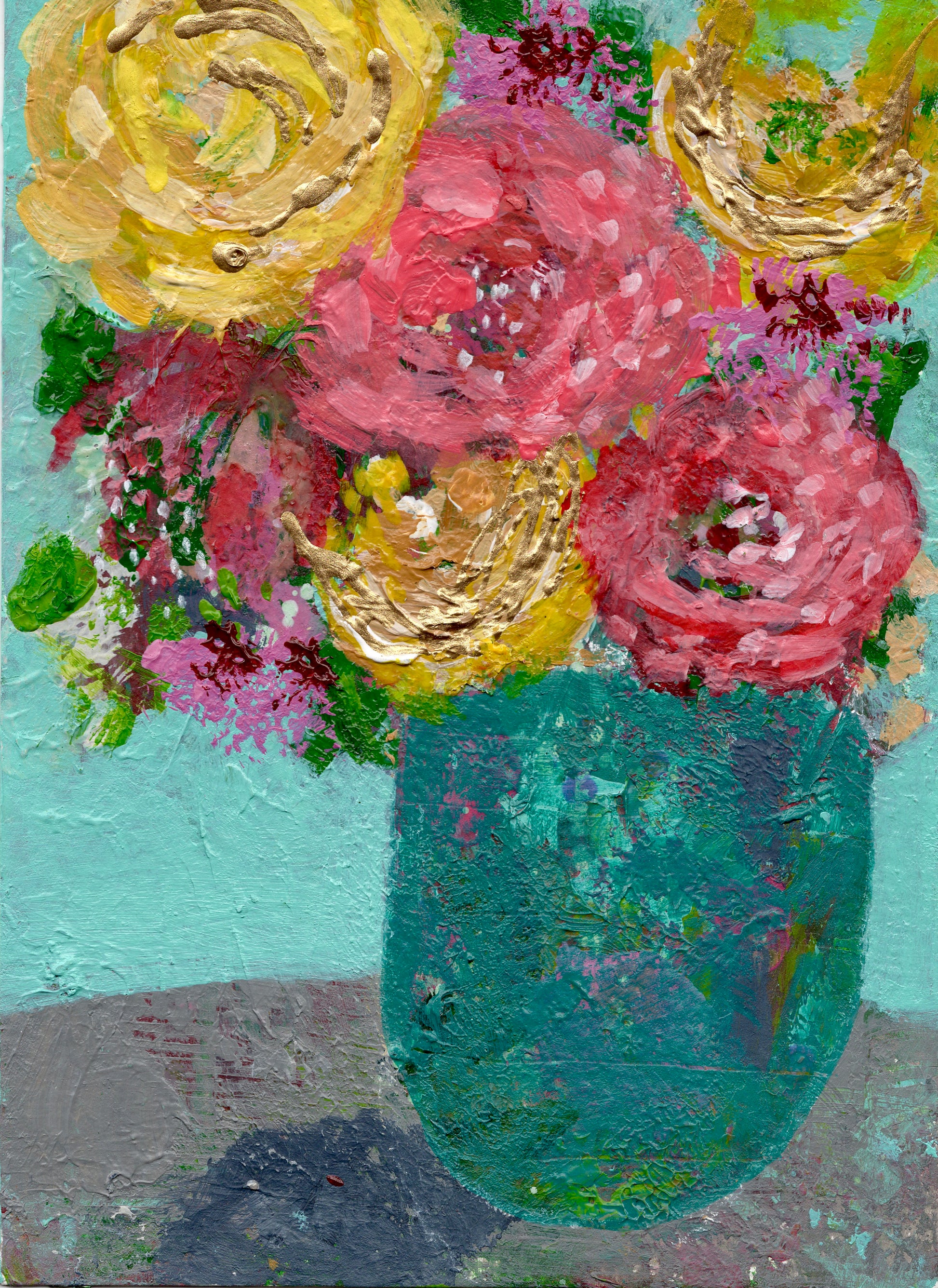 Cat Redmond Art Floral Abstracts | turquoise floral abstract on paper | original hand-painted botanical artwork | modern turquoise floral composition | exclusive abstract flower study turquoise