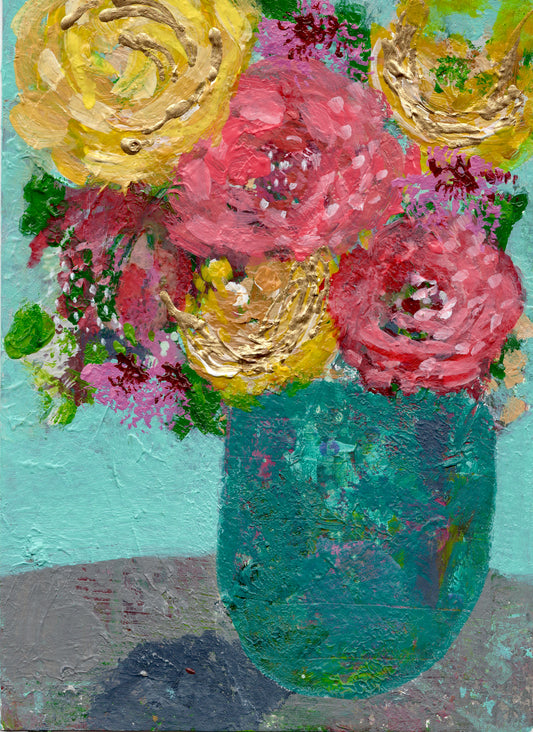 Floral Abstracts Original Artwork On Paper{Turquoise Vase}