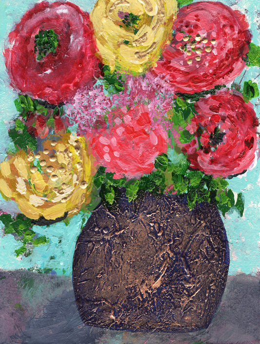 Floral Abstracts Original Artwork On Paper {Blue and Copper Vase}