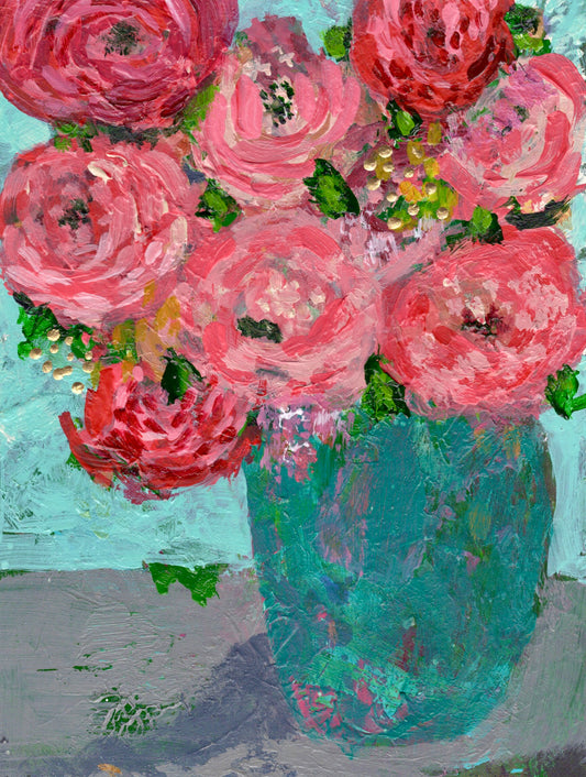 Floral Abstracts Original Artwork On Paper {Red Blooms in Turquoise Vase}