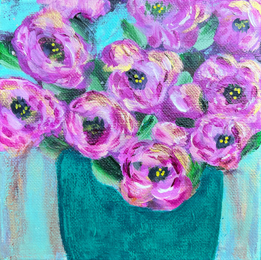Floral Abstracts Original Artwork Collection
 {Pink Blooms with Turquoise Vase}