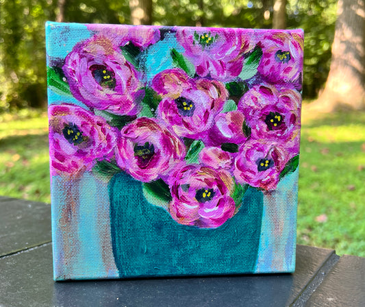 Floral Abstracts Original Artwork Collection
 {Pink Blooms with Turquoise Vase}