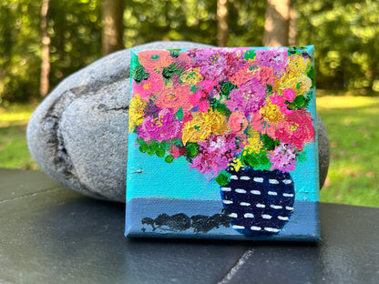 Cat Redmond Art Floral Abstracts | blue striped vase botanical art piece | original abstract floral paper creation | modern decorative blue floral composition | exclusive hand-painted flower study with stripes