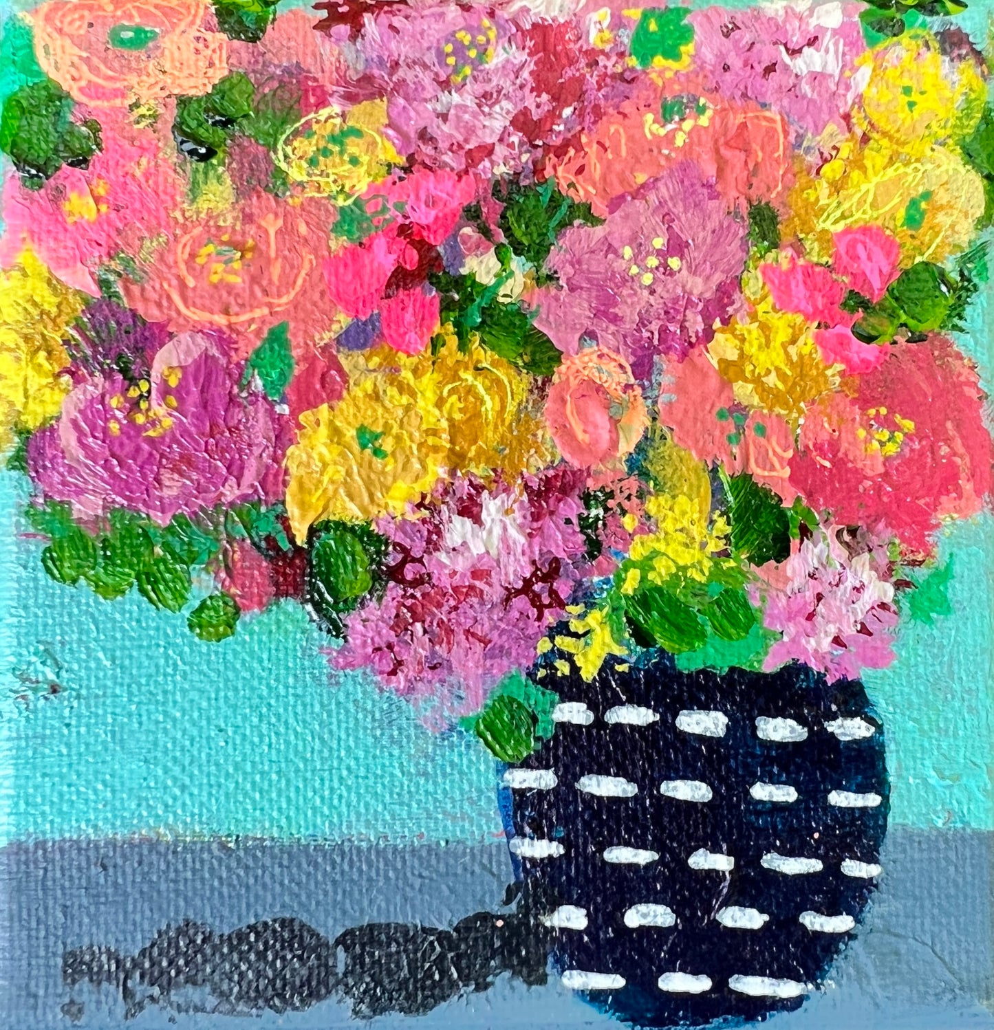 cat redmond art floral abstracts | blue striped vase botanical art piece | original abstract floral paper creation | modern decorative blue floral composition | exclusive hand-painted flower study with stripes