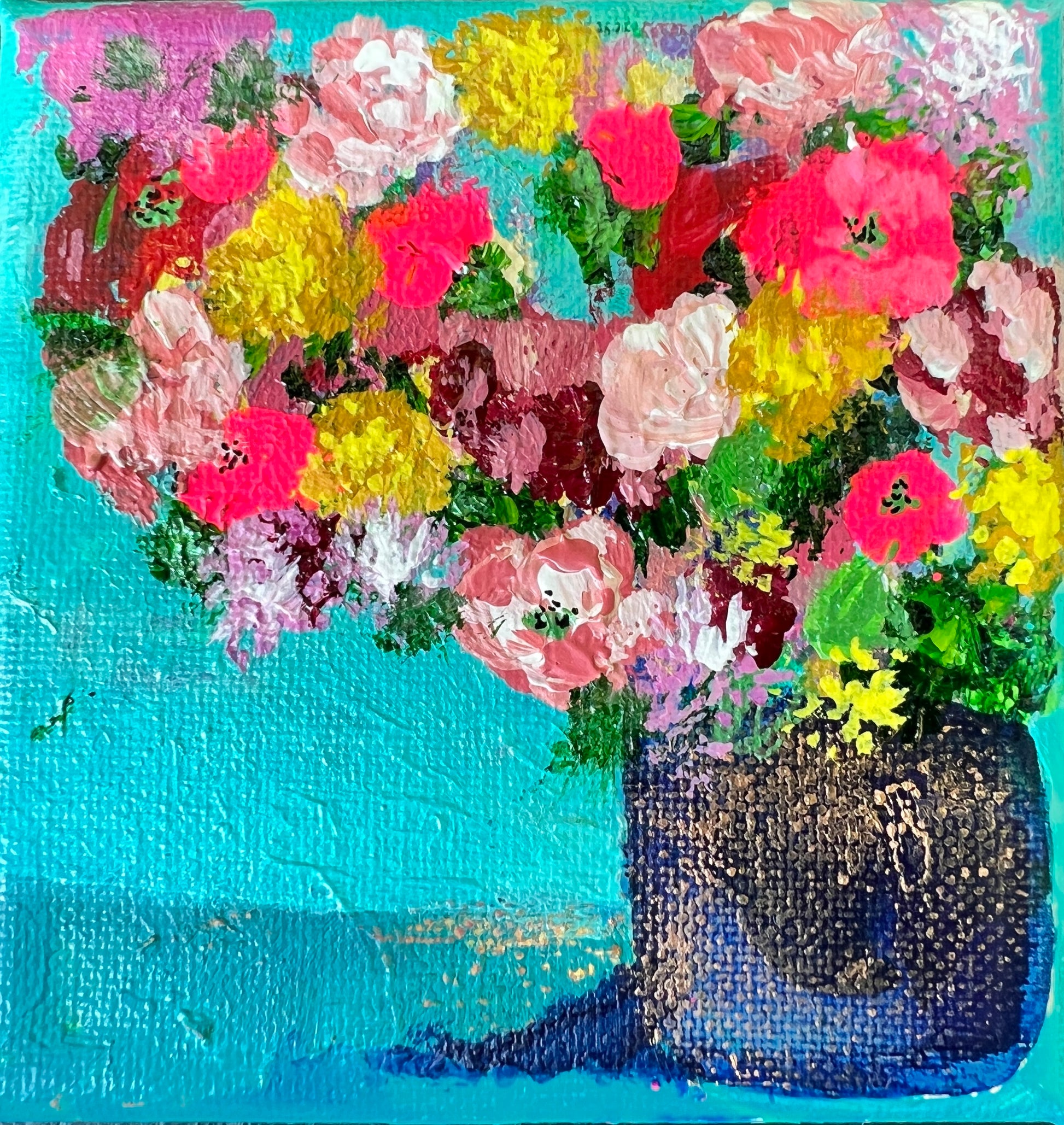 Cat Redmond Art Floral Abstracts | blue textured vase floral artwork | original hand-painted botanical composition | modern blue floral wall art | exclusive abstract flower study textured vase