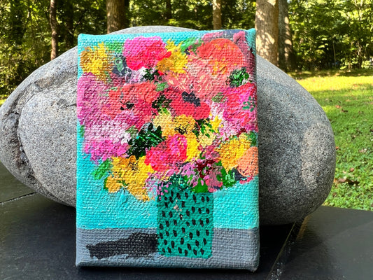 Cat Redmond Art Floral Abstracts | turquoise dotted vase floral artwork | original hand-painted botanical composition | modern turquoise floral wall art | exclusive abstract flower study dotted vase