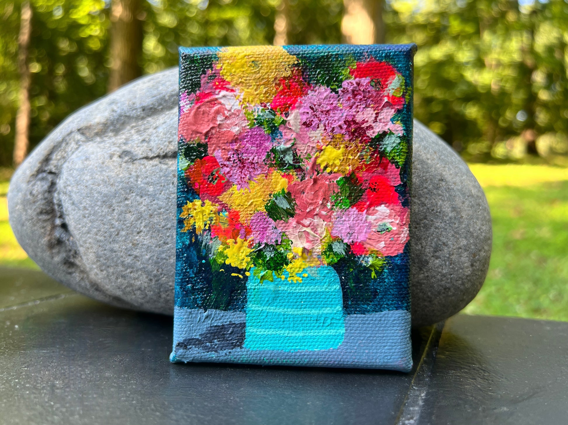 Cat Redmond Art Floral Abstracts | turquoise striped vase floral artwork | original hand-painted botanical composition | modern turquoise floral wall art | exclusive abstract flower study striped vase