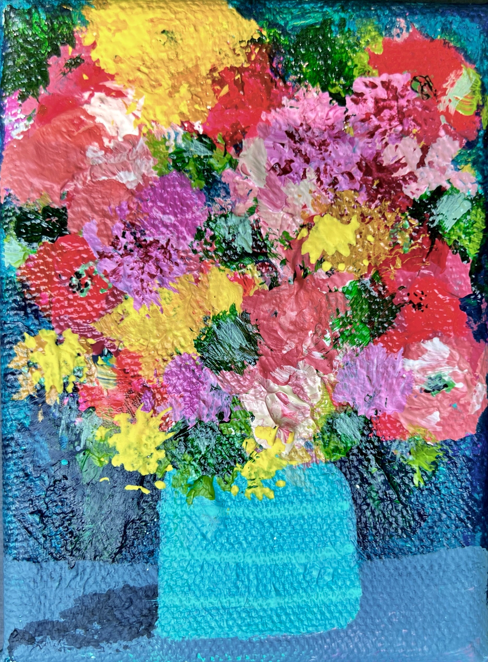 Cat Redmond Art Floral Abstracts | turquoise striped vase floral artwork | original hand-painted botanical composition | modern turquoise floral wall art | exclusive abstract flower study striped vase