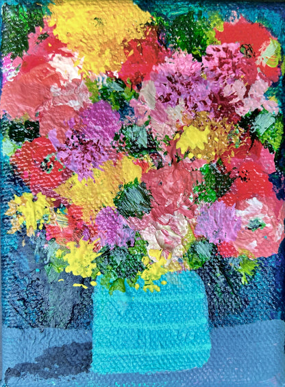 Cat Redmond Art Floral Abstracts | turquoise striped vase floral artwork | original hand-painted botanical composition | modern turquoise floral wall art | exclusive abstract flower study striped vase