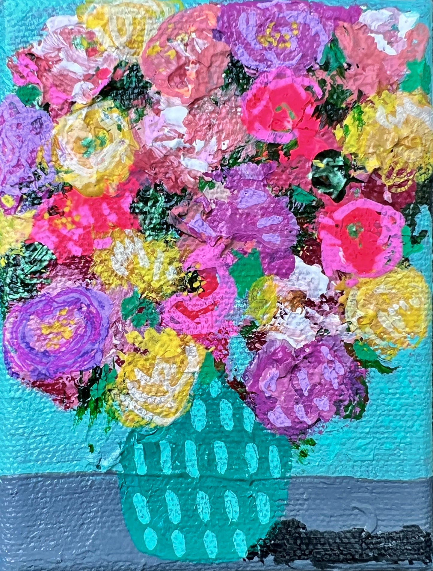 cat redmond art floral abstracts | turquoise dashed vase floral artwork | original hand-painted botanical composition | modern turquoise floral wall art | exclusive abstract flower study dashed vase