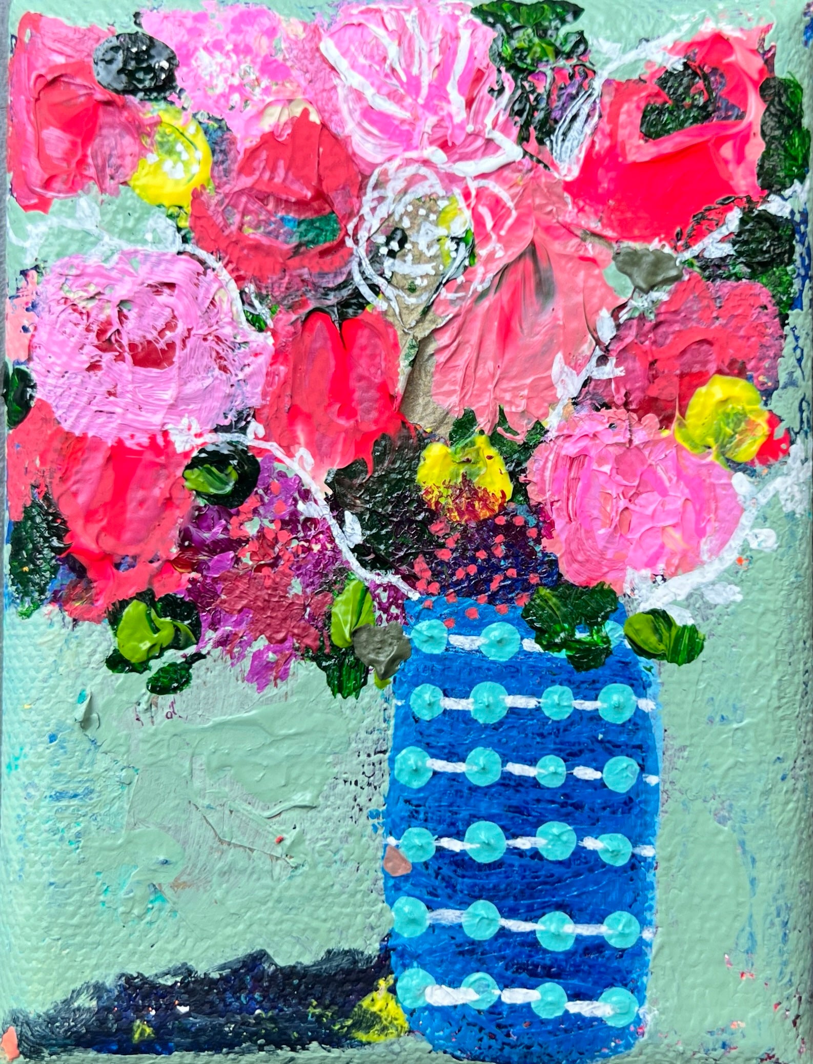 Cat Redmond Art Floral Abstracts | blue dotted vase floral artwork | original hand-painted botanical composition | modern blue floral wall art | exclusive abstract flower study dotted vase