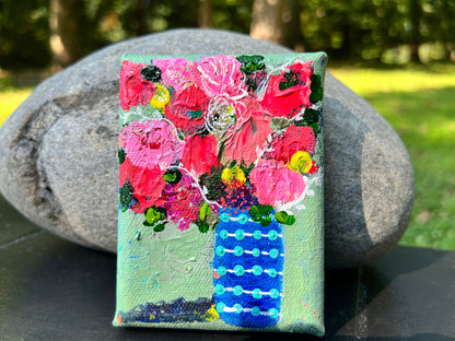 Cat Redmond Art Floral Abstracts | blue dotted vase floral artwork | original hand-painted botanical composition | modern blue floral wall art | exclusive abstract flower study dotted vase