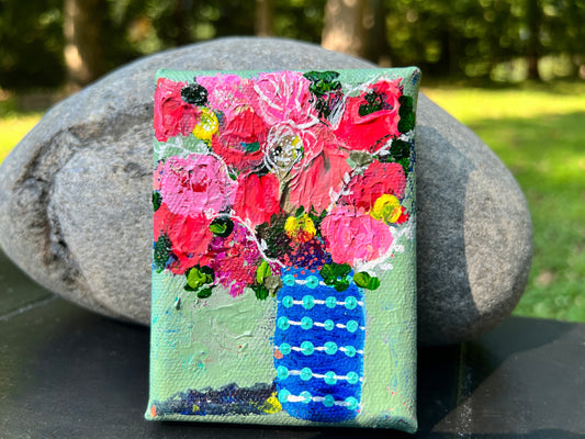 Cat Redmond Art Floral Abstracts | blue dotted vase floral artwork | original hand-painted botanical composition | modern blue floral wall art | exclusive abstract flower study dotted vase