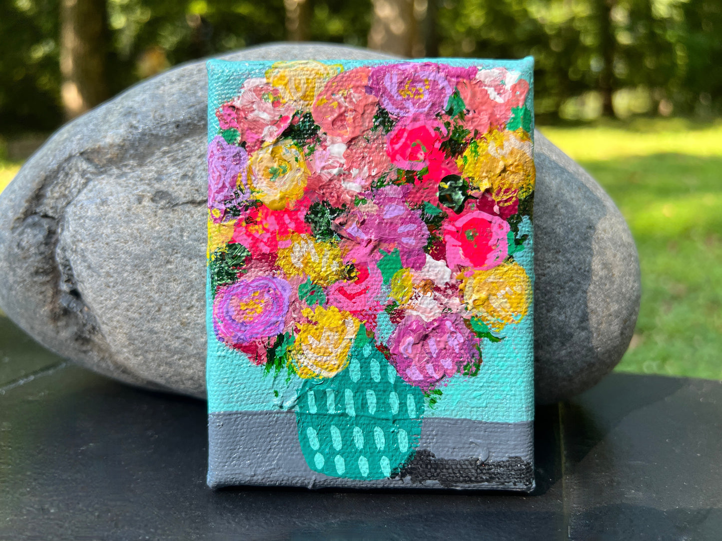 cat redmond art floral abstracts | turquoise dashed vase floral artwork | original hand-painted botanical composition | modern turquoise floral wall art | exclusive abstract flower study dashed vase