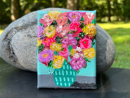 Cat Redmond Art Floral Abstracts | turquoise dashed vase floral artwork | original hand-painted botanical composition | modern turquoise floral wall art | exclusive abstract flower study dashed vase