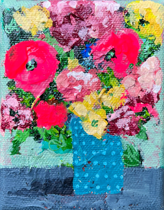 Cat Redmond Art Floral Abstracts | light blue dotted vase floral artwork | original hand-painted botanical composition | modern light blue floral wall art | exclusive abstract flower study dotted vase