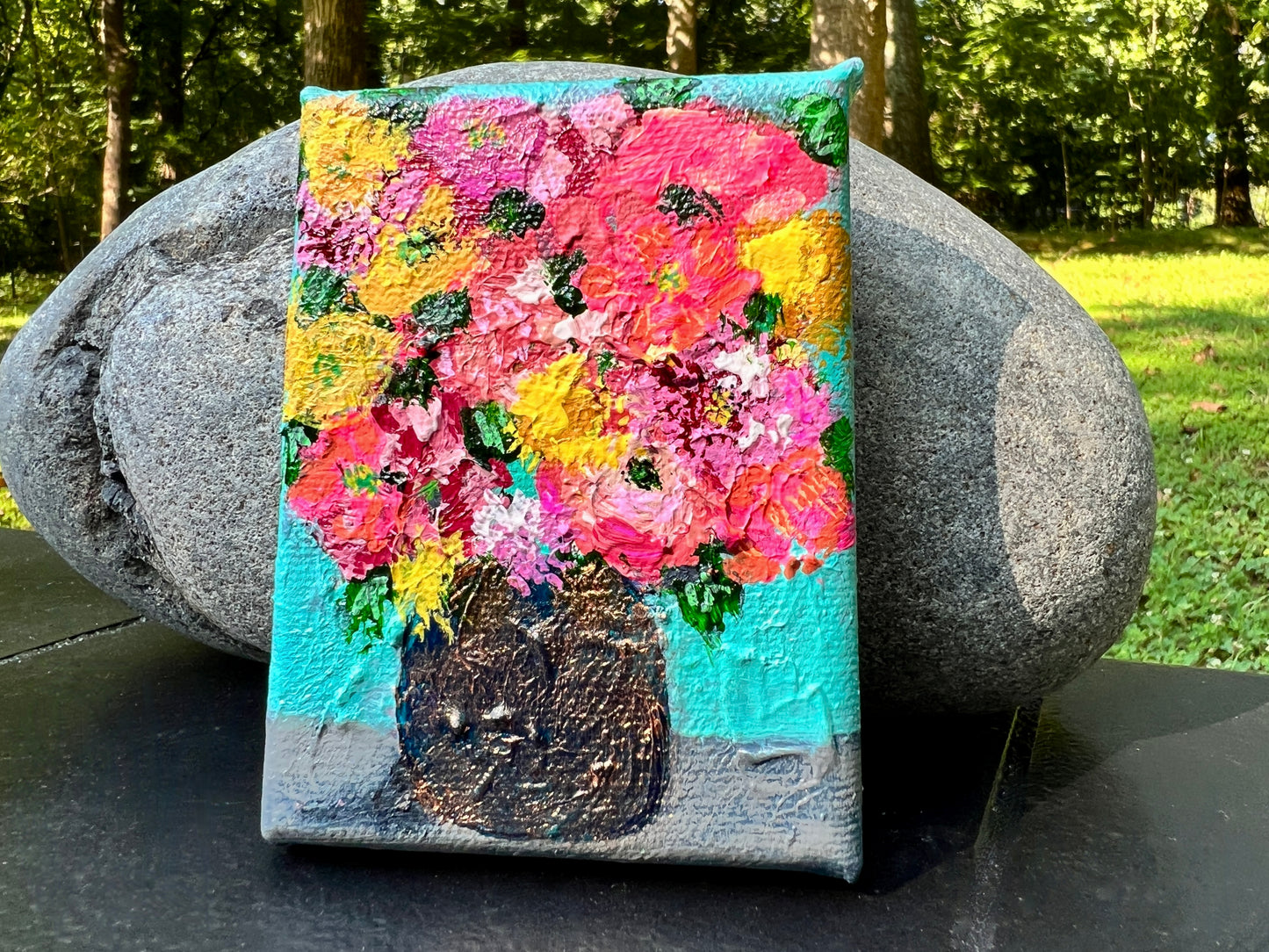 cat redmond art floral abstracts | navy and bronze blue vase floral artwork | original hand-painted botanical composition | modern navy floral wall art | exclusive abstract flower study bronze blue