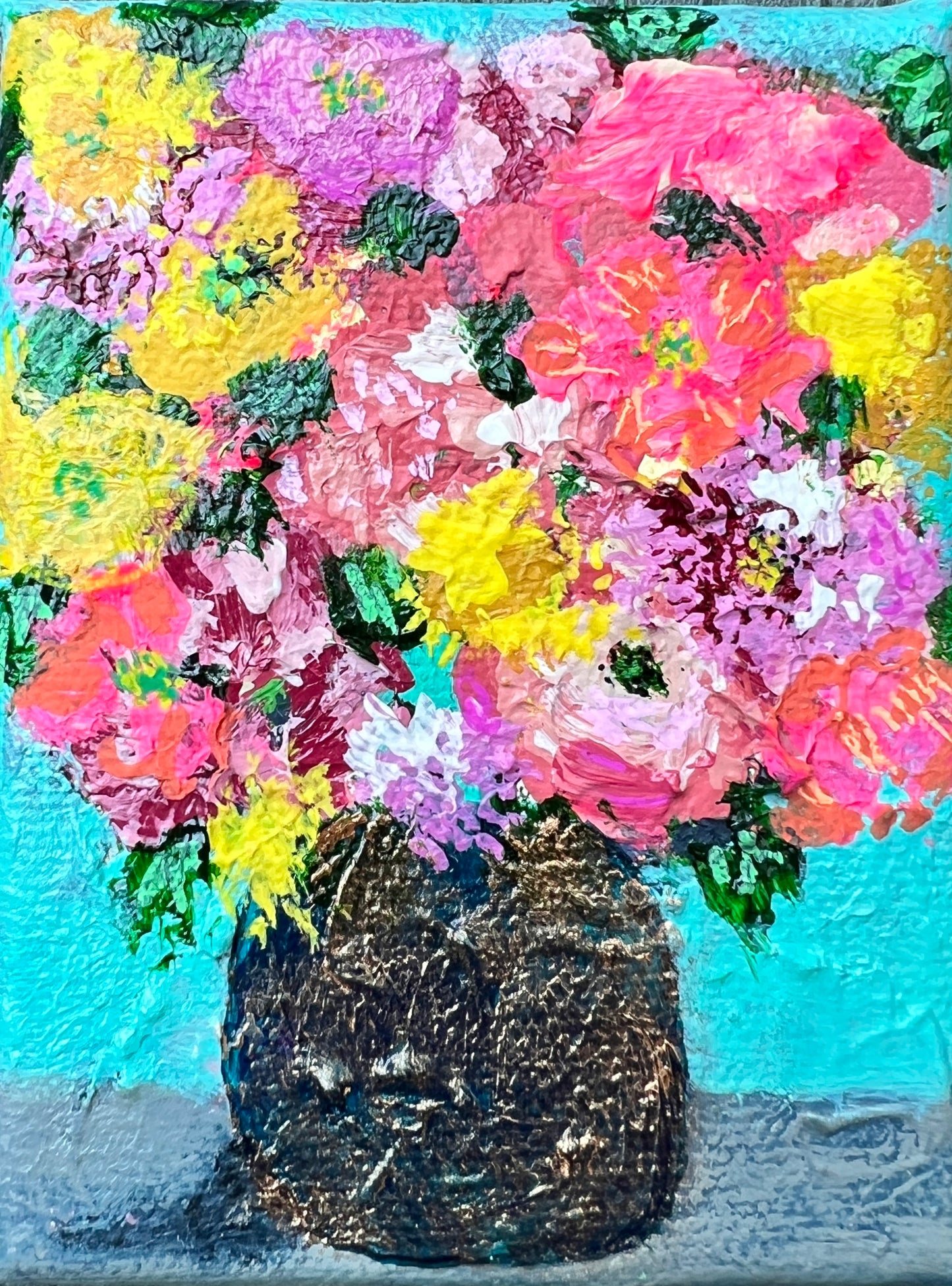 cat redmond art floral abstracts | navy and bronze blue vase floral artwork | original hand-painted botanical composition | modern navy floral wall art | exclusive abstract flower study bronze blue