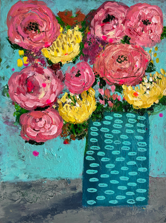 Floral Abstracts Original Artwork On Paper{Turquoise with Light Blue Ovals Vase}