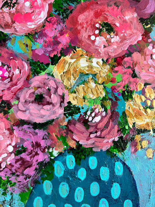 Floral Abstracts Original Artwork On Paper {Turquoise with Light Blue Dots Vase}