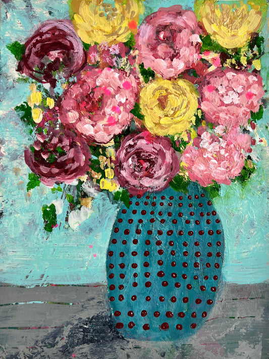 Floral Abstracts Original Artwork On Paper { Turquoise with Red Dots Vase}