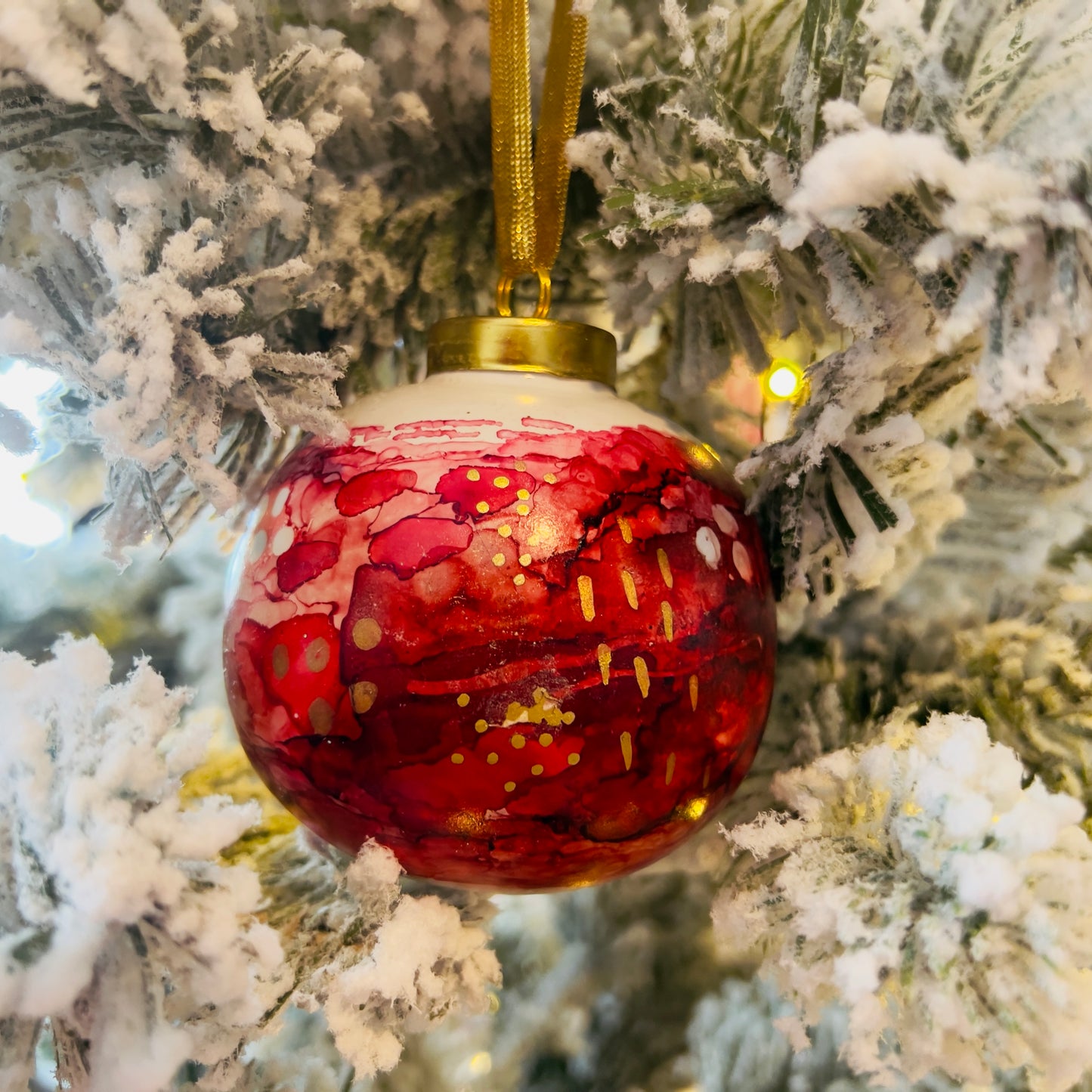 Porcelain alcohol ink ornament {Candy Cane Forest}