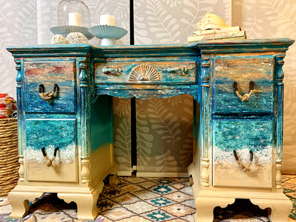 Cat Redmond Art – Coastal Ocean Vanity/Desk | original beach-inspired painted furniture | modern coastal aesthetic desk | hand-painted ocean-themed statement piece