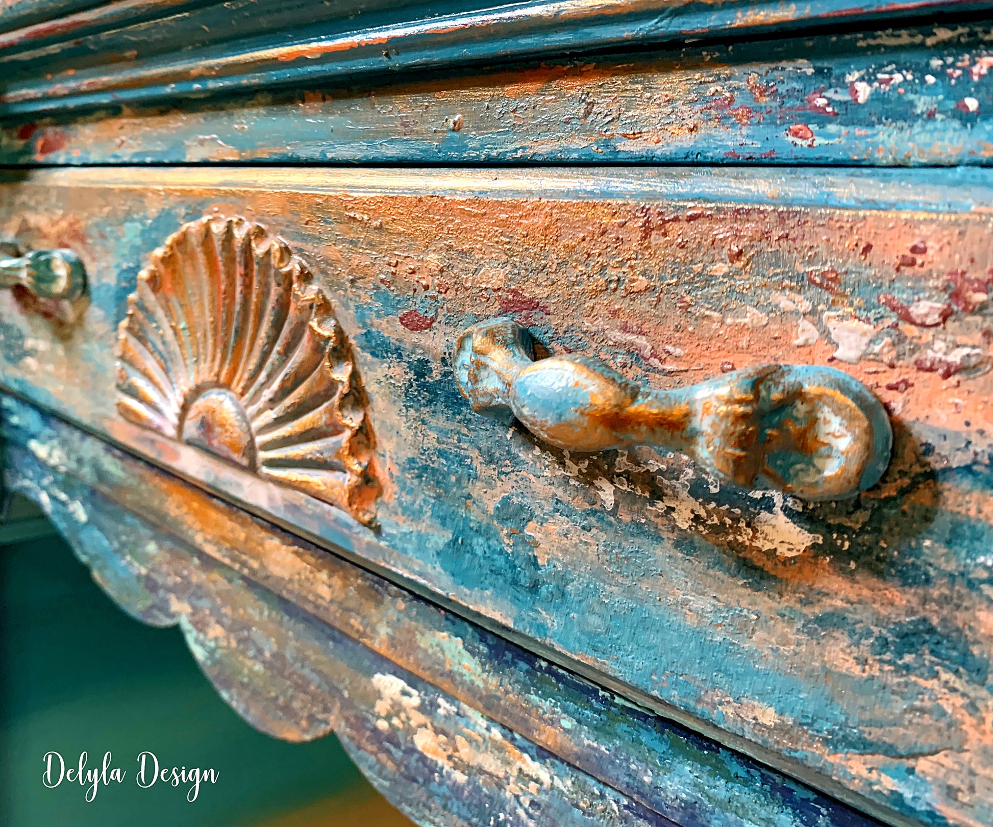 Cat Redmond Art – Coastal Ocean Vanity/Desk | original beach-inspired painted furniture | modern coastal aesthetic desk | hand-painted ocean-themed statement piece