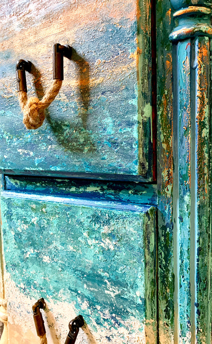 Cat Redmond Art – Coastal Ocean Vanity/Desk | original beach-inspired painted furniture | modern coastal aesthetic desk | hand-painted ocean-themed statement piece