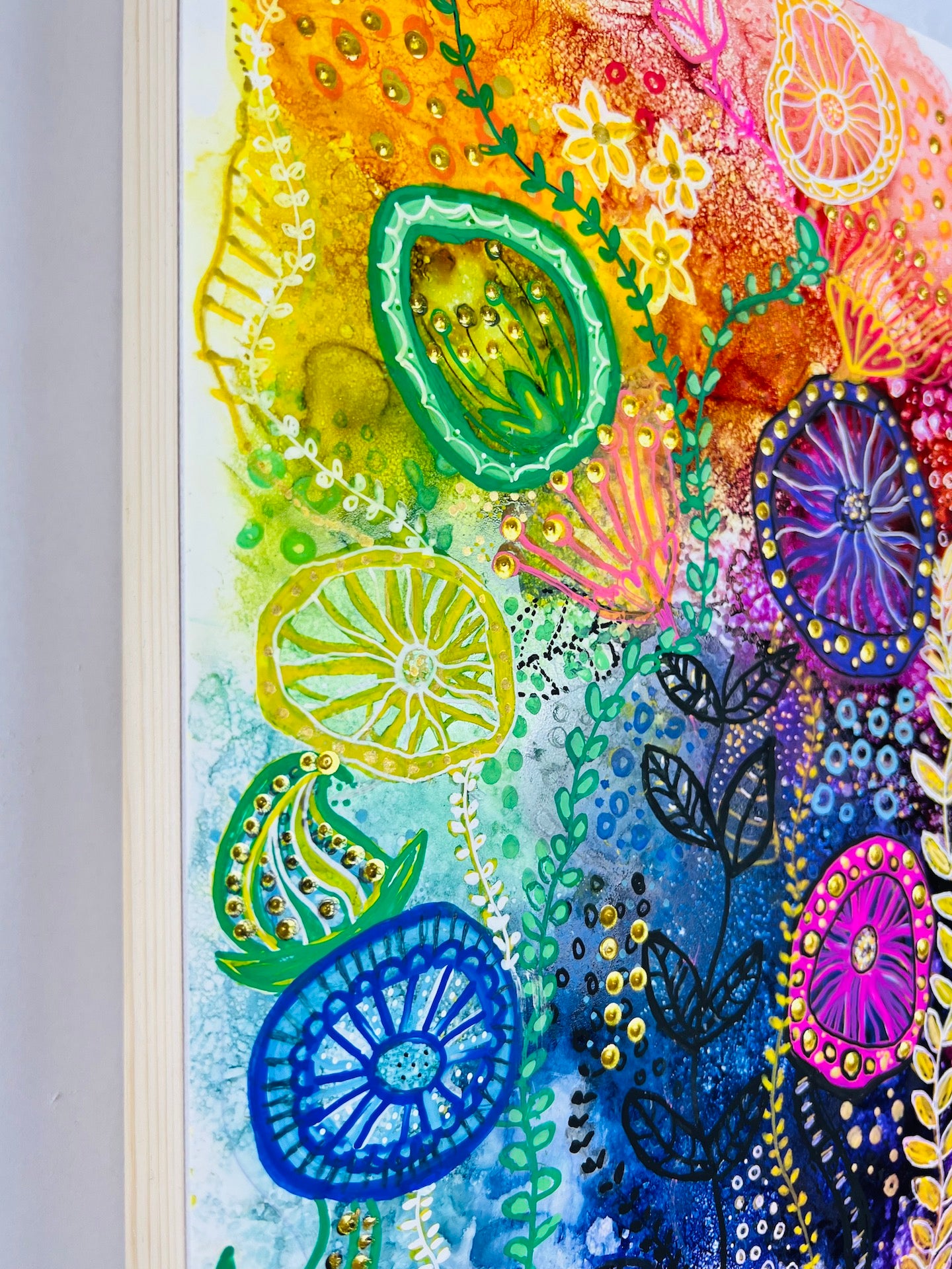 cat redmond art among the flowers | original floral-inspired artwork | hand-painted botanical abstract art | modern flower-themed wall composition | exclusive contemporary floral painting