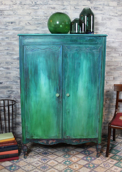 Cat Redmond Art – Boho Vibe Layered Armoire | original bohemian-inspired painted wardrobe | modern artistic layered storage furniture | hand-painted statement closet piece