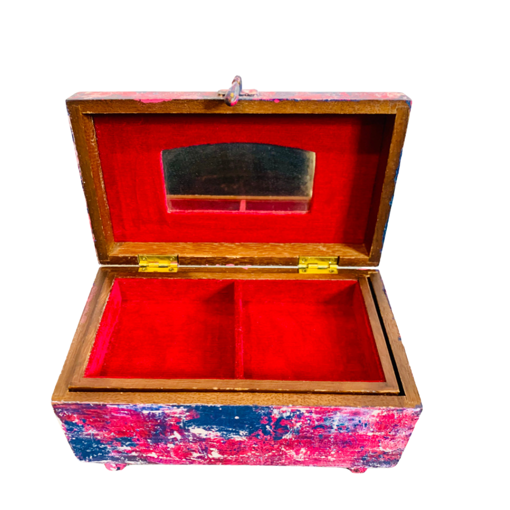 boho pink red and blue jewelry box by cat redmond art | unique hand-painted jewelry container | artistic bohemian storage solution | exclusive colorful jewelry keepsake