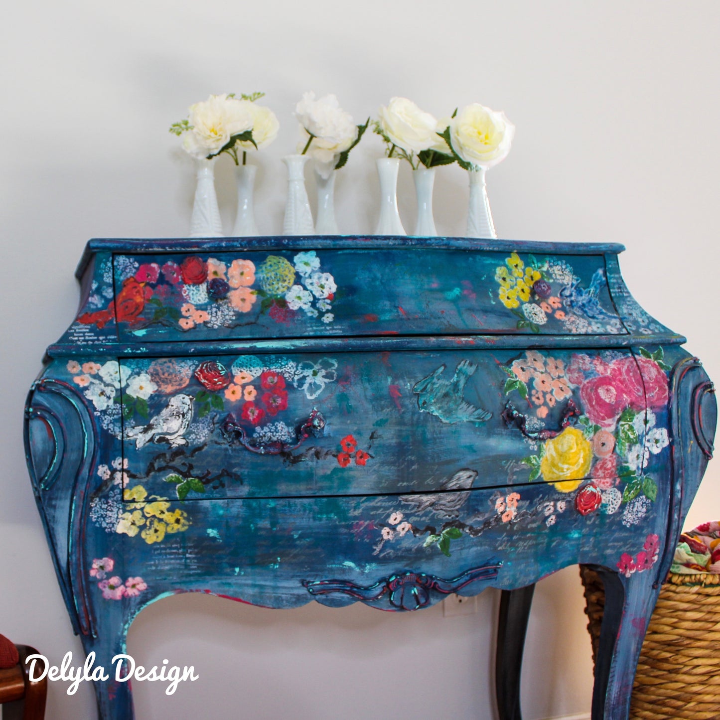 cat redmond art french floral hand-painted cabinet | original decorative french-style furniture | hand-painted floral armoire | modern elegant storage piece