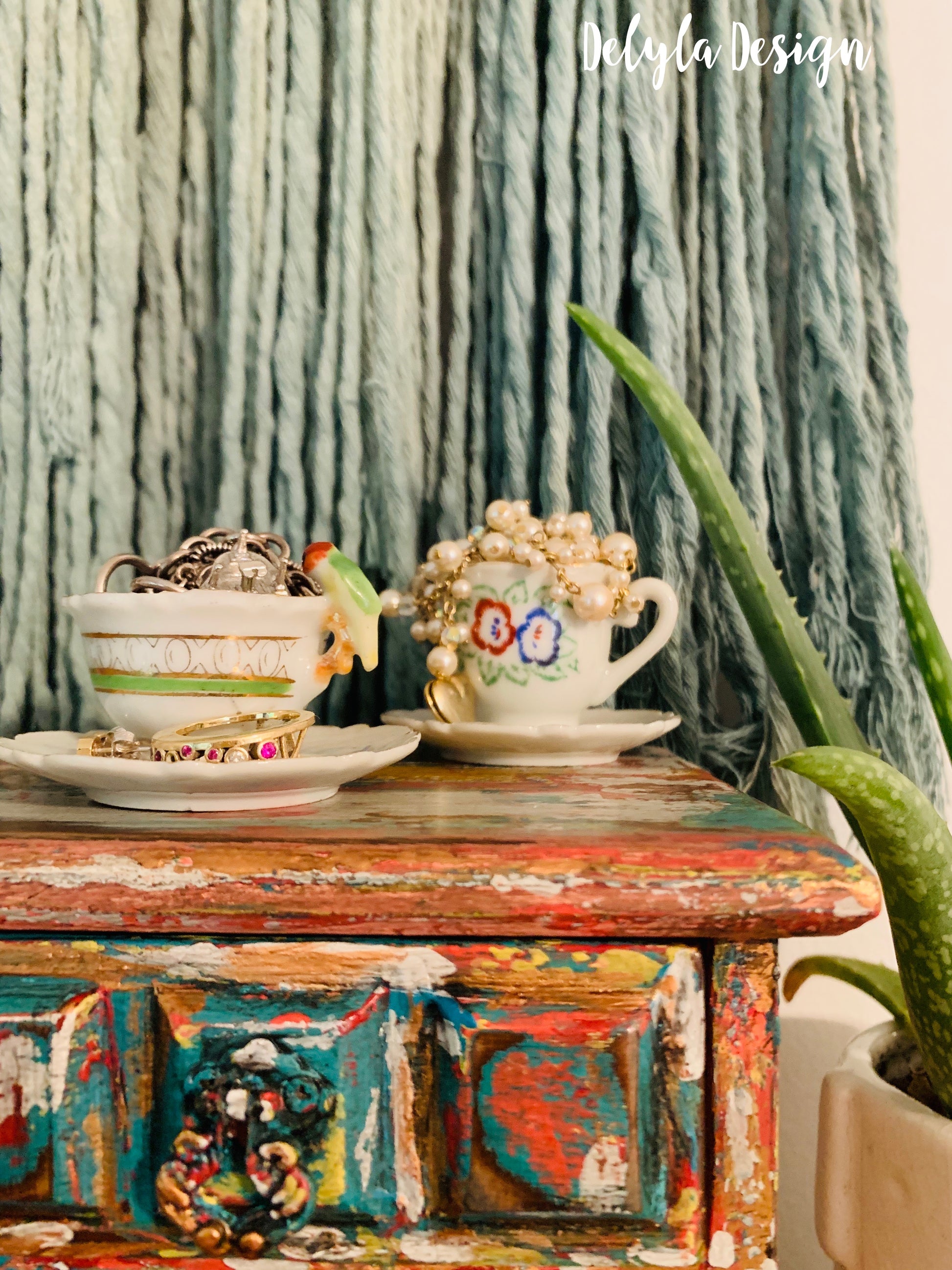 Cat Redmond Art – Vintage Boho Layered Jewelry Box | original artistic multi-layered keepsake | hand-painted boho-inspired jewelry organizer | modern creative decorative box