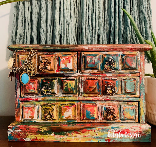 Cat Redmond Art – Vintage Boho Layered Jewelry Box | original artistic multi-layered keepsake | hand-painted boho-inspired jewelry organizer | modern creative decorative box